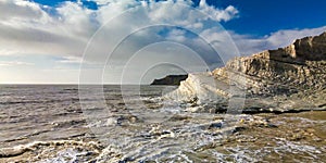 Aerial drone viewpoint on Stair of the Turks. Scala dei Turchi is a rocky cliff on the southern coast of Sicily, Italy