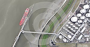 Aerial drone views of storage tanks in the industrial terminal located at the Western Scheldt, situated between the main