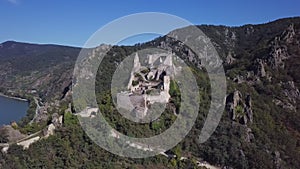 Aerial of Durnstein castle, Wachau valley, Austria.