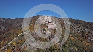 Aerial of Durnstein castle, Wachau valley, Austria.