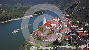 Aerial of Durnstein, Wachau valley, Austria.