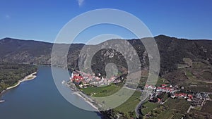 Aerial of Durnstein, Wachau valley, Austria.