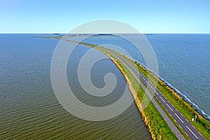 Aerial from the dyke to Marken at the IJsselmeer in Netherlands