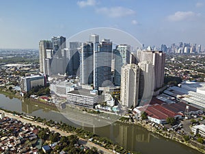 Aerial of Eastwood City and the Marikina River. Northern Metro Manila cityscape and skyline photo