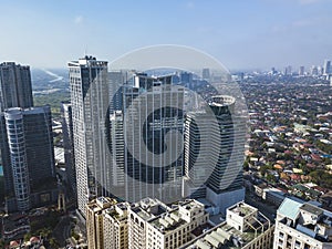 Aerial of Eastwood city skyline and cityscape along C5. Libis, Quezon City, Philippines