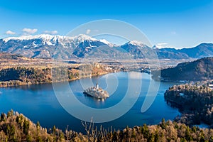 Aerial, elevated view of Lake Bled from Mt. Osojnica