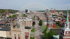 Aerial Elevating Up Over a Chruch Clocktower and Charleston West Virginia