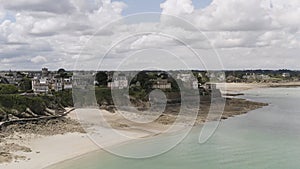 Aerial for the emerald coast located in the Dinard city, Brittany, France. Action. Breathtaking landscape with sea shore