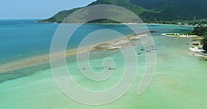 Aerial Epic Island Coast Turquoise Water View. Tropical Beach Scenery Paradise Mountains Landscape