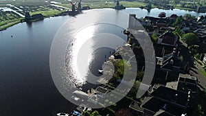 Aerial epic view of windmills in Zaanse Schans near Amsterdam, Netherland