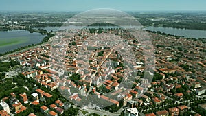 Aerial establishing shot of the city of Mantova, Italy