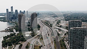 Aerial establishing shot of a generic, non-descript metropolitan city.