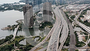 Aerial establishing shot of a generic, non-descript metropolitan city.