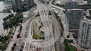 Aerial establishing shot of a generic, non-descript metropolitan city.