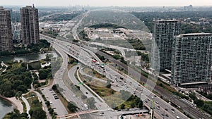 Aerial establishing shot of a generic, non-descript metropolitan city.