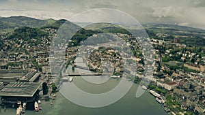 Aerial establishing shot of Lucerne and the River Reuss. Switzerland