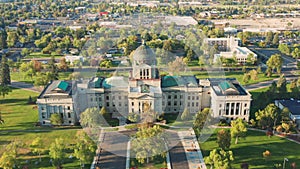 Aerial establishing shot of Montana State Capitol in Helena