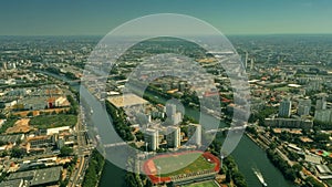 Aerial establishing shot of Saint-Denis, the Seine River and Stade de France stadium to the north of Paris. France