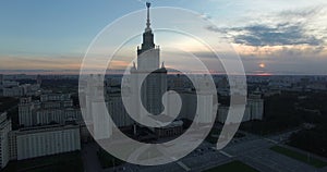 Aerial evening cityscape with Lomonosov Moscow State University, Russia