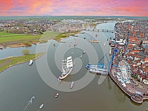 Aerial from the event sail Kampen on the river IJssel at Kampen march 2024 at sunset