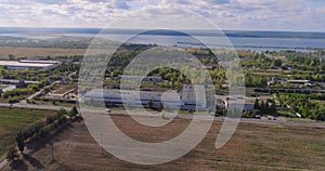 Aerial factory, span over a factory in the countryside