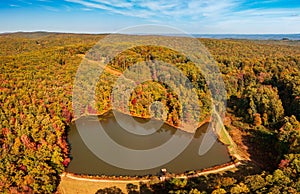 Aerial fall leaves around Coopers Rock reservoir in WV