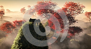 Aerial of fantasy grassy hill landscape with red autumn trees and lonely house on rock.