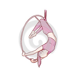 Aerial female gymnast in hoop. Aerial gymnastics stunt. Colored vector illustration isolated on white background
