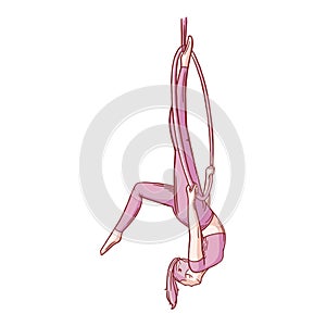 Aerial female gymnast in hoop. Aerial gymnastics strength iproving pose. Colored sketch vector illustration