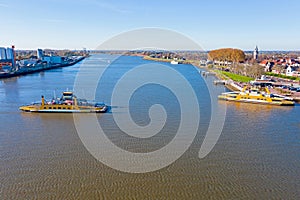 Aerial from ferries on the river Lek near Schoonhoven in Netherlands