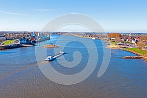 Aerial from ferries on the river Lek near Schoonhoven in the Netherlands