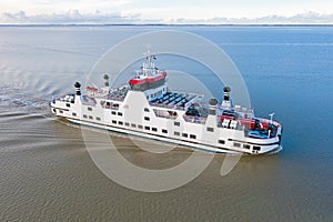 Aerial from the ferry from Ameland arriving at Holwerd in the Netherlands