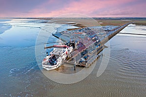 Aerial from the ferry from Ameland arriving at Holwerd in the Netherlands