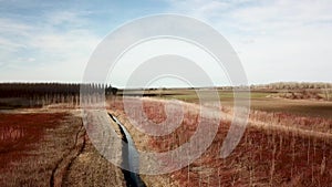 Aerial fields in early spring. Aerial shot of fields with various types of agriculture early spring