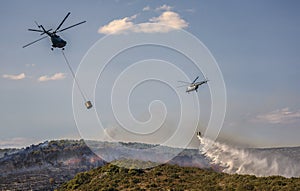 Firefighter helicopters extinguishing forestfire photo