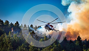 Aerial Firefighting Helicopter Dousing Flames in Forest. photo