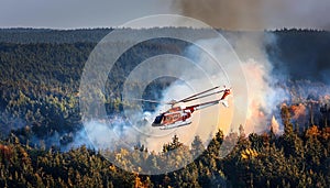 Aerial Firefighting Helicopter Dousing Flames in Forest. photo