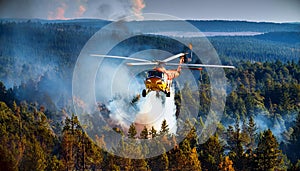 Aerial Firefighting Helicopter Dousing Flames in Forest. photo