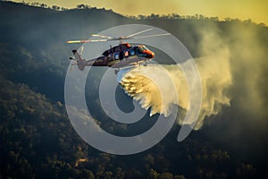 Aerial firefighting Helicopter releases water to combat a fierce wildfire photo