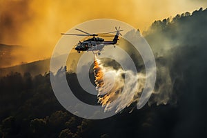 Aerial firefighting Helicopter releases water to combat a fierce wildfire photo