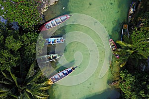 Aerial with fishing boats on White River, Jamaica