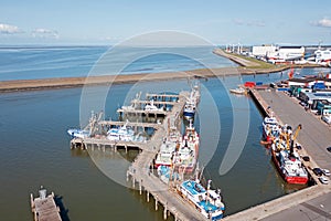 Aerial from the fishing harbor in Harlingen at the IJsselmeer in the Netherlands