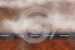 Aerial flat view of road and single car driving by. Top view from the sky with thick clouds, fog or smoke. Travel illustration