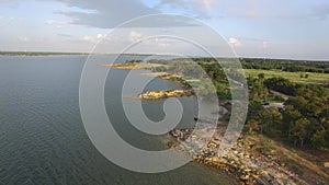 Aerial flight over Grapevine Lake in Grapevine Texas.