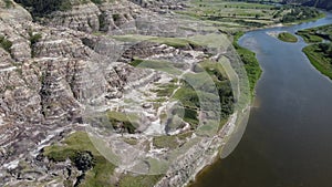 Aerial flight over the Red Deer River and the Canadian Badlands
