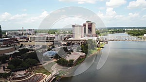 Aerial flight over Shreveport, Louisiana, Downtown, Drone View, Red River