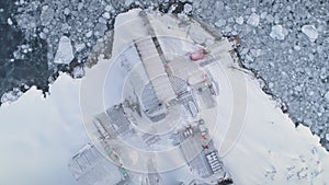 Aerial flight over Vernadsky base in Antarctica.