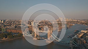 AERIAL: Flight towards The Shard, London Skyline at Sunshine