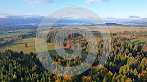 Aerial fly over morning sunrise rural landscape with field and forest