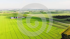 Aerial fly over scenic agricultural farming fields